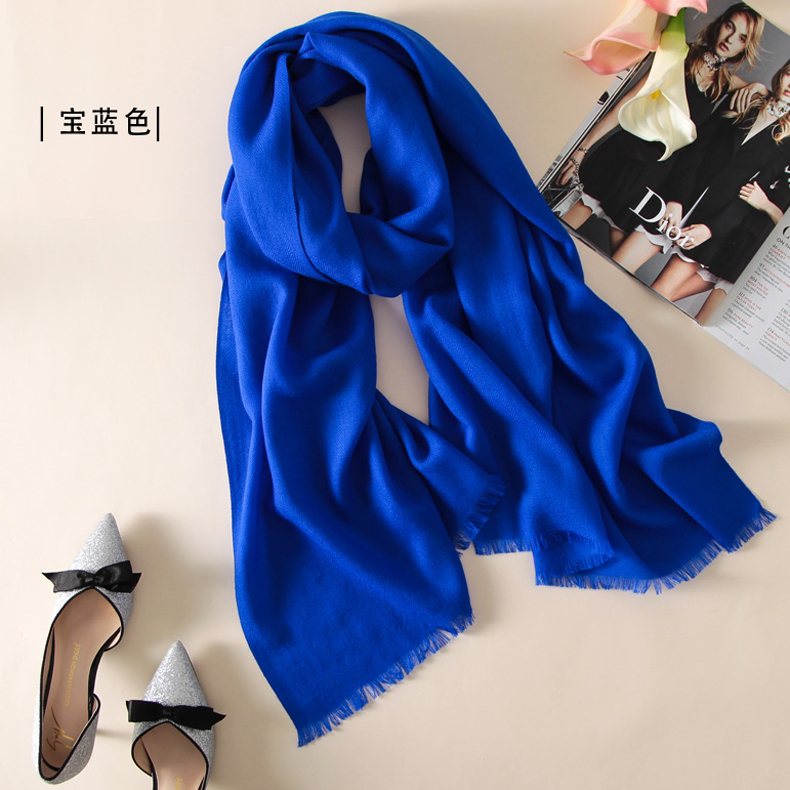 宝蓝色100%纯羊毛围巾女秋冬季长款薄款纯色羊绒披肩保暖百搭冬天