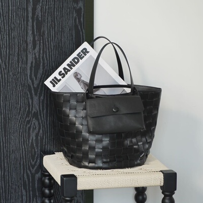 编织托特真皮手提包黑色