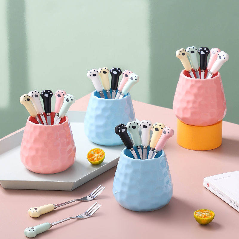 可爱猫爪勺子卡通咖啡勺吃饭调羹不锈钢水果叉爱心勺陶瓷短柄勺叉