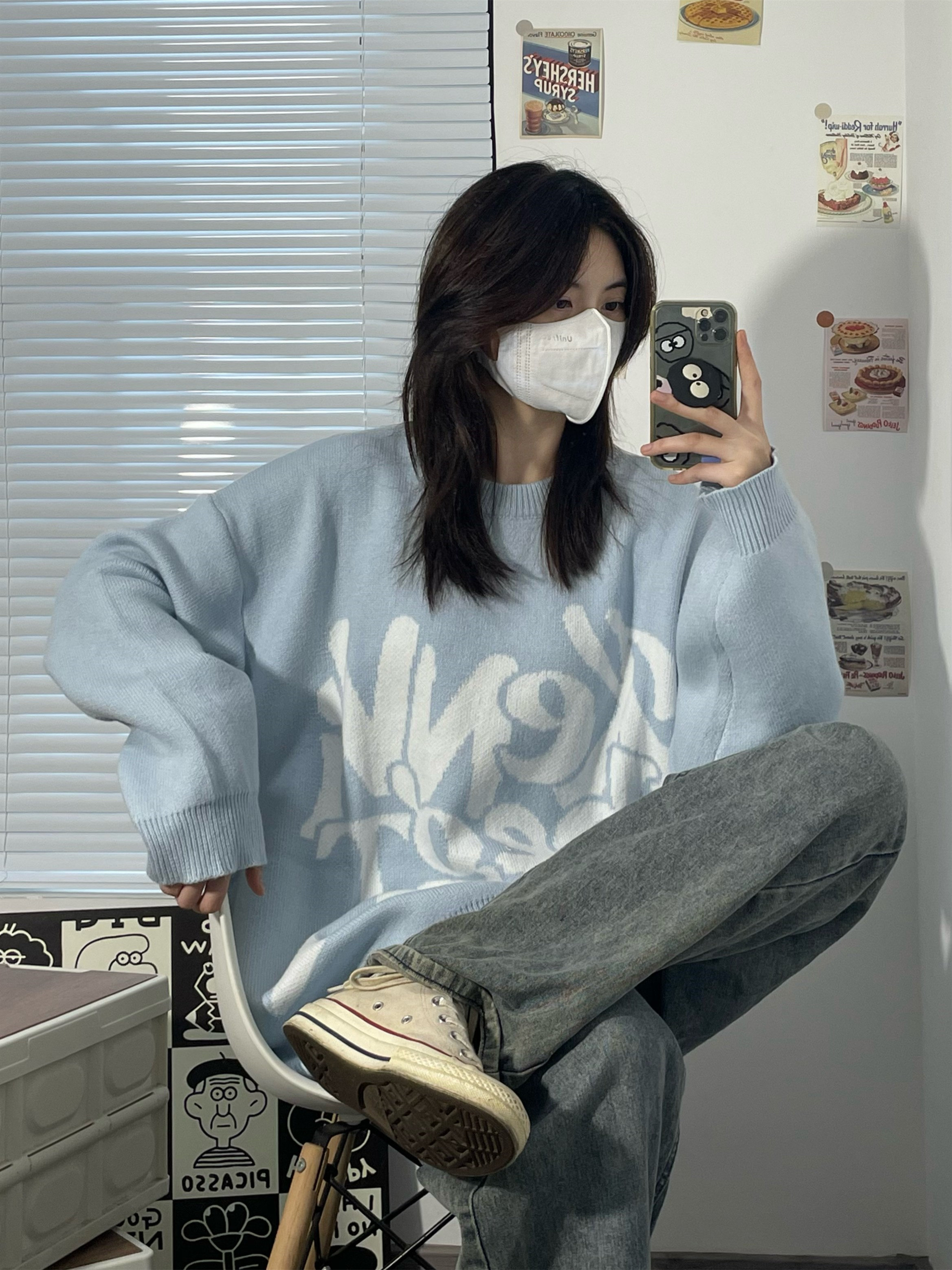 HALF H秋冬新款毛衣宽松慵懒风情侣装男女圆领套头针织衫百搭上衣