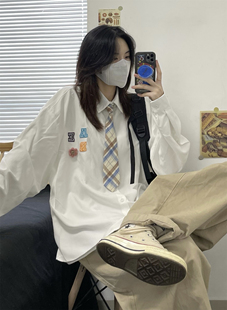 衬衫 百搭休闲潮流学院风男女情侣 H日系少年感纯色领带长袖 HALF