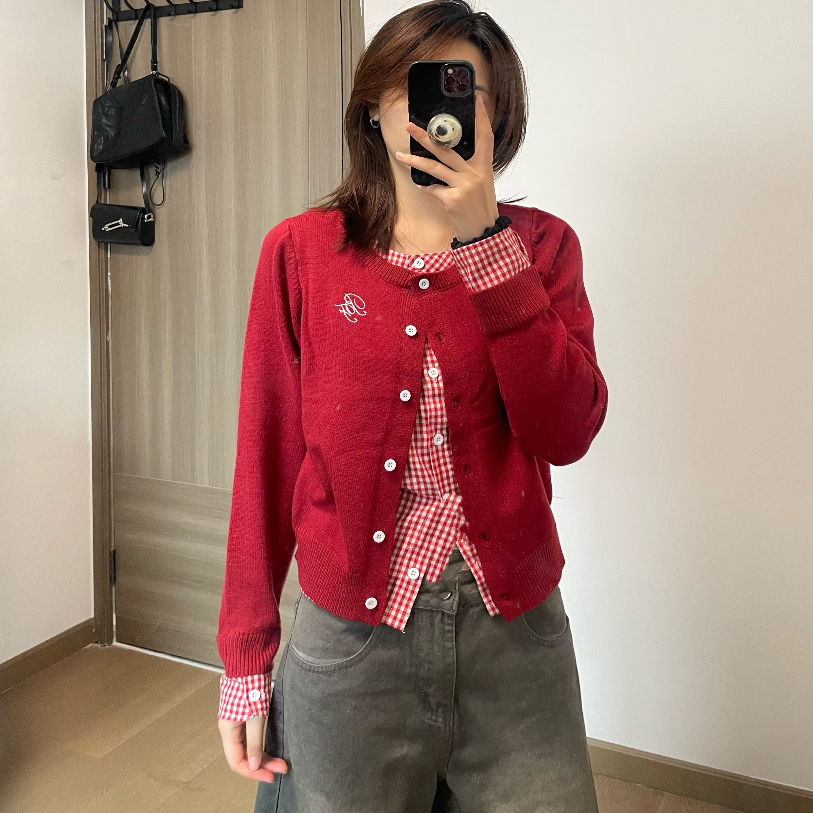 HALF H假两件格纹拼接针织开衫短款学院风毛衣上衣基础百搭秋冬款