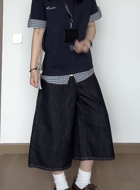 HALF H 美式复古cleanfit 丹宁蓝色牛仔七分裤男女宽松百搭短裤