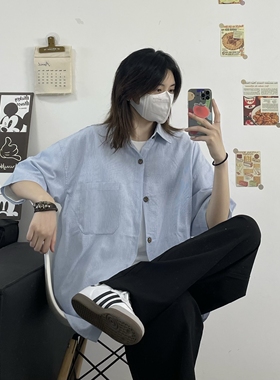 HALF H夏季日系浅蓝色衬衫女美式复古翻领短袖情侣宽松百搭上衣