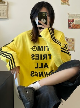 HALF H宽松休闲运动风美式复古黄色长袖纯棉t恤基础百搭chic慵懒