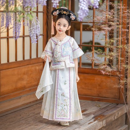 格格服女童汉服夏季2026新款清朝宫廷风古装提花刺绣儿童套装超仙