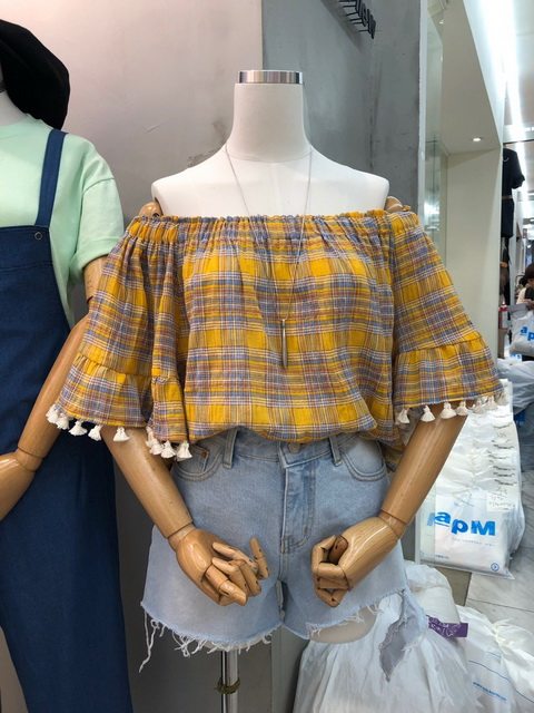 韩国东大门代购19夏BRAND NEW流苏吊带喇叭袖一字领格子抹胸上衣3|msdalam kategori Butik wanita / wanita, baju lace/baju chiffon - dari Buy2taobao.com untuk memberikan perkhidmatan ejen Taobao profesional membeli