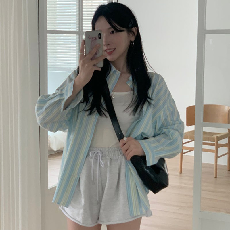 韩版春夏经典设计感条纹衬衫百搭小众原宿风宽松衬衣防晒衣外套女