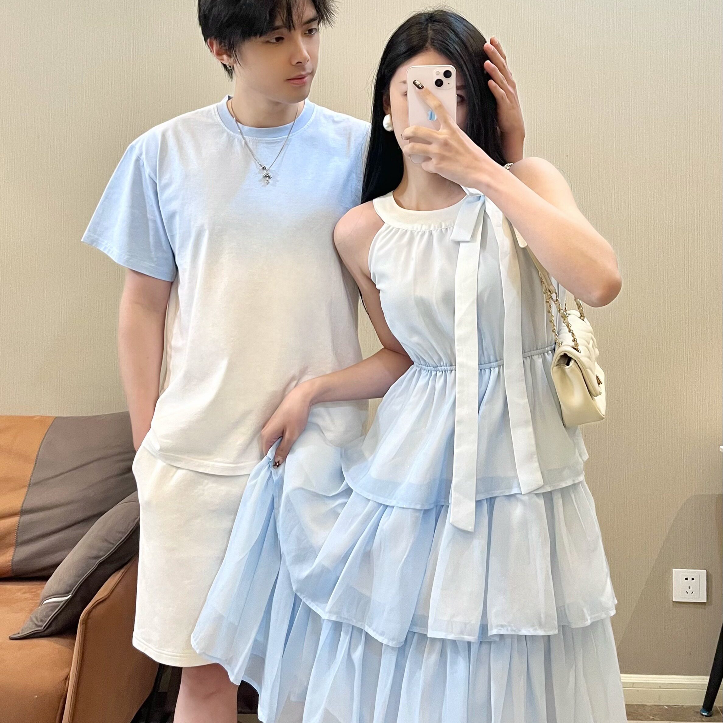 情侣装夏季短袖T恤男女海边度假沙滩连衣裙高级法式无袖一衣一裙