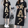 Europe station 2018 new pattern Large Women's wear Easy Show thin letter Sequins Mid length version Short sleeved Dress