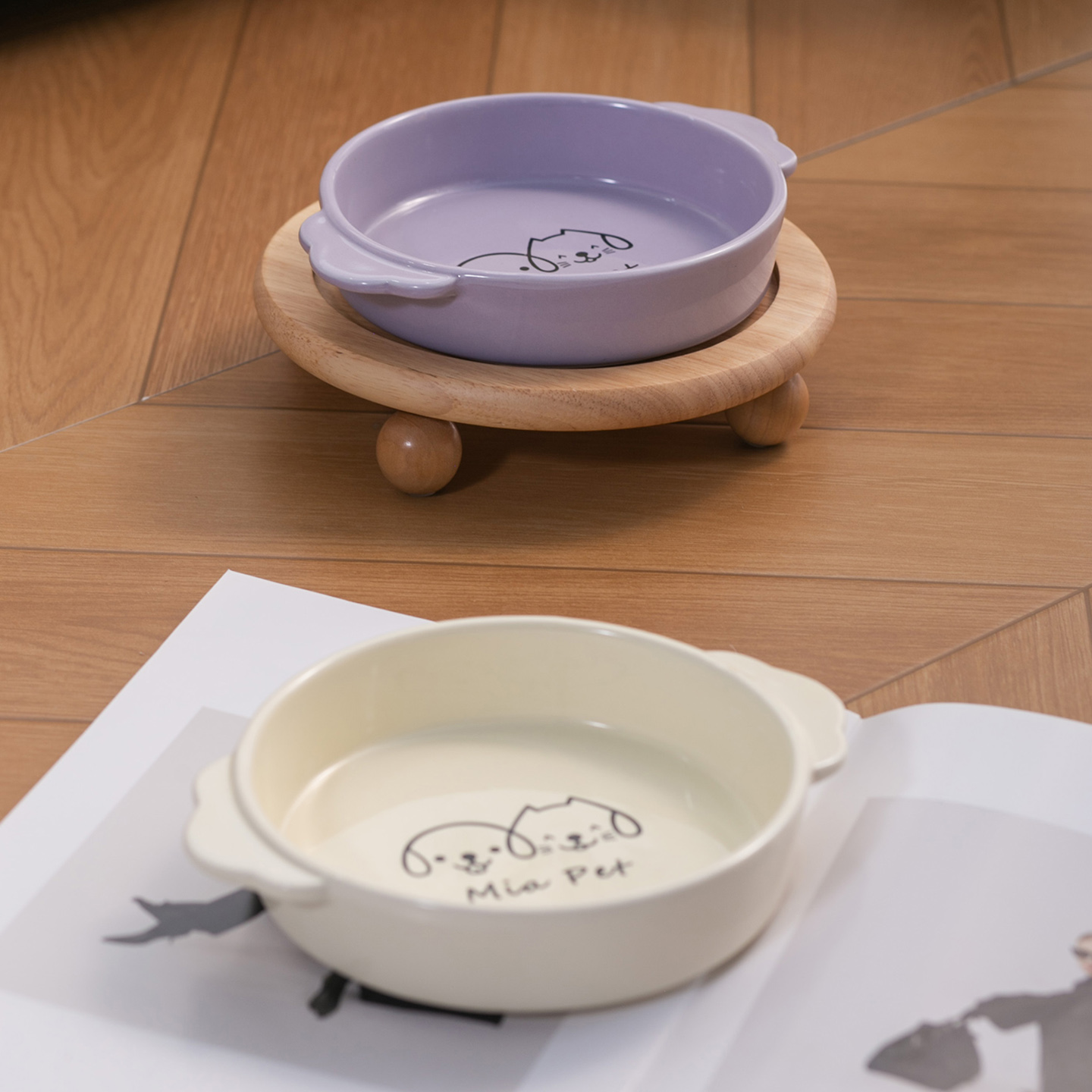 Miapet猫狗图案双耳宠物碗带碗架