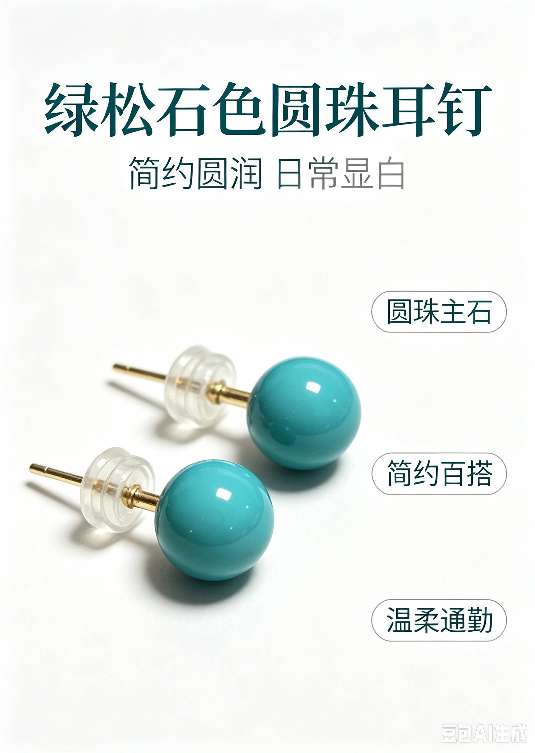 绿松石饰品圆珠轻奢耳钉银针套装百搭玻璃瓷复古藏式大气百搭时尚