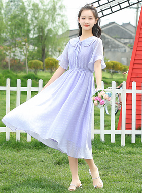 少女森系连衣裙仙气雪纺中长款初中学生夏装紫色裙子高中女生甜美