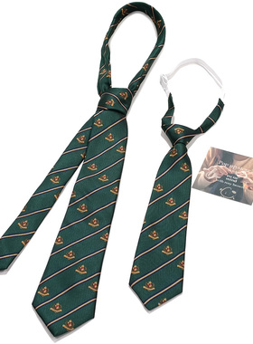 MIMI深绿色条纹免打小领带女短款涤丝标记徽章学生装饰休闲手打款