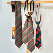 买二送一古着复古咖啡色领带女手打绿条纹撞色百搭小众南瓜免打短