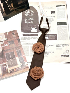 买二送一棕色复古领带免打结女复古花朵手工粘黏小众设计法式浪漫