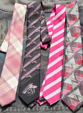 买二送一粉色可爱领带女手打百搭条纹几何菱形格甜酷纯色玫红缎面