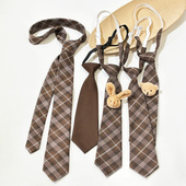 买二送一复古深棕咖啡格免打小领带女短可爱小熊兔学生拍照手打款