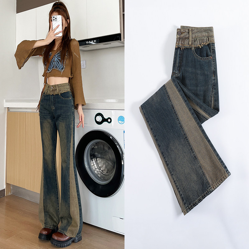 水泥灰微喇牛仔裤女2026新款胖mm大码高腰梨型宽松拖地拼接阔腿裤