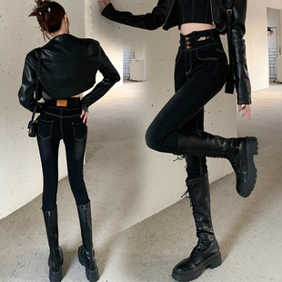 黑色加绒小脚裤女2026秋季过肚脐牛仔长裤高腰紧身铅笔长裤靴裤子