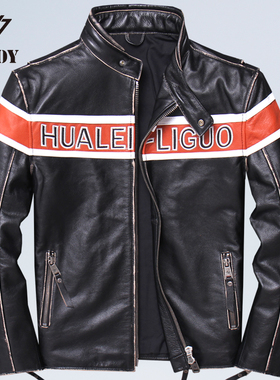 哈雷皮衣进口做旧头层纯牛皮真皮衣男士立领修身骑行机车夹克外套