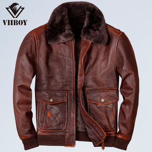 复古休闲空军飞行员夹克男士 头层纯牛皮真皮皮衣飞行服毛领皮外套