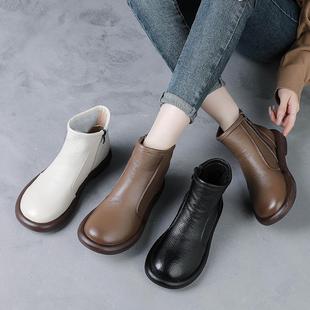 真皮靴子女短靴圆头妈妈靴 低跟马丁靴复古女鞋 头层牛皮秋冬季 新款