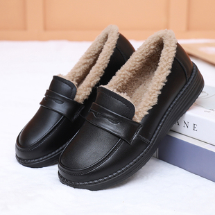 女鞋 工作女棉鞋 平底防滑中老年鞋 一脚蹬小皮鞋 冬季 真皮加绒乐福鞋
