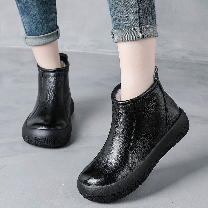 头层牛皮羊毛厚绒松糕底短靴女鞋