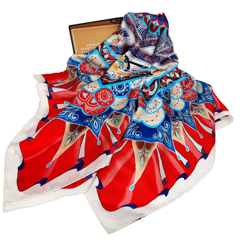 敦煌壁画真丝大方巾莫高窟莲花藻井桑蚕丝披肩围巾伴手礼盒装包邮