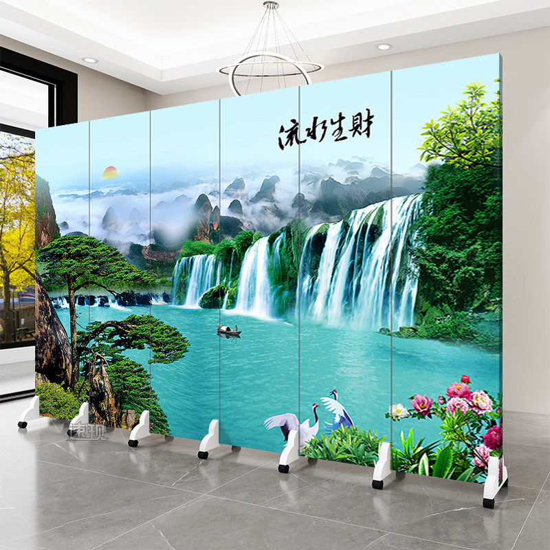 屏风隔断流水生财迎客松山水国画可折叠移动公司办公室客厅遮挡屏