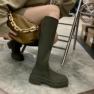 厚底长筒靴子女2025新款秋冬粗跟弹力雨靴宽高筒骑士瘦瘦腿粗长靴