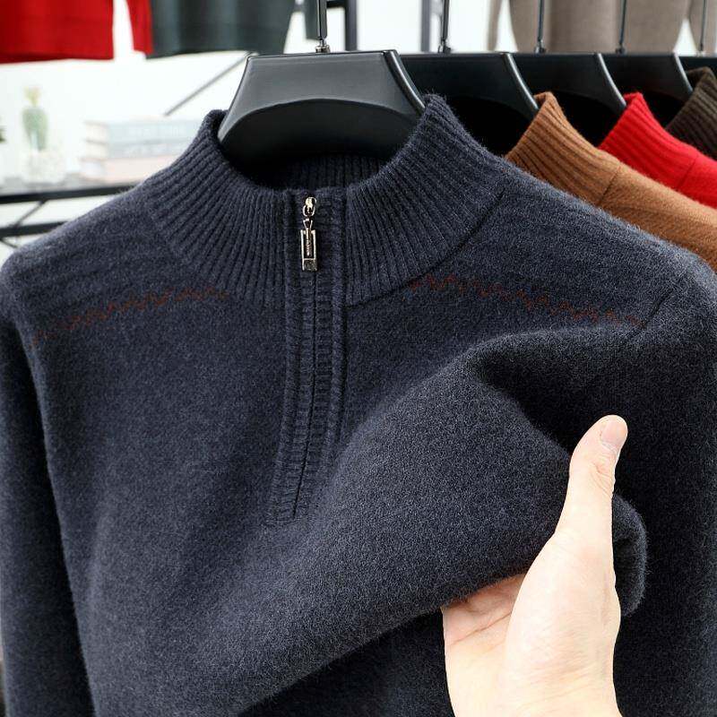 毛衣男款冬季加厚半高领拉炼高端羊毛衫男中年套头爸爸内搭打底衫