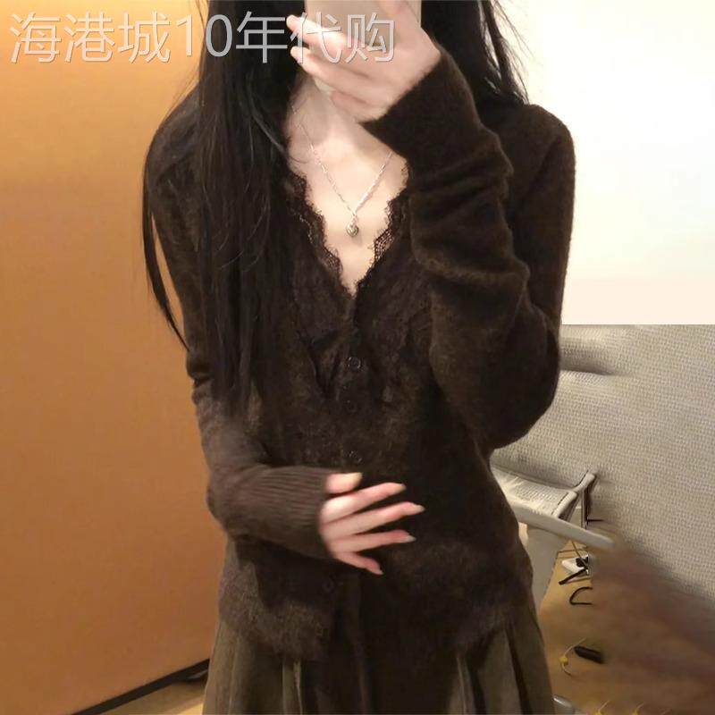 蕾丝V领针织内搭打底衫女装2025春季新款高级感毛衣开 衫外套上衣