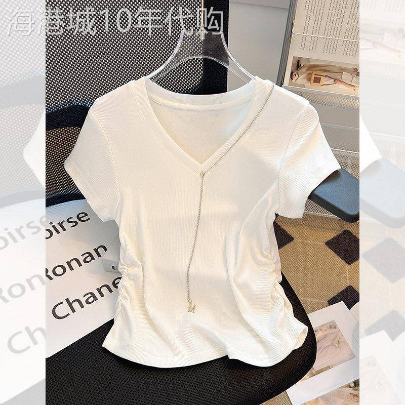 白色V领针织短袖t恤女独特别致2026新款夏季褶皱设计感绝美小上衣