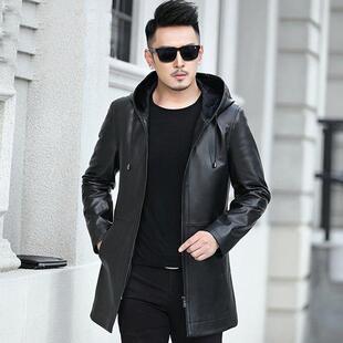 春秋皮外套男真皮皮风衣中长款连帽皮衣绵羊皮夹克修身大码男装潮
