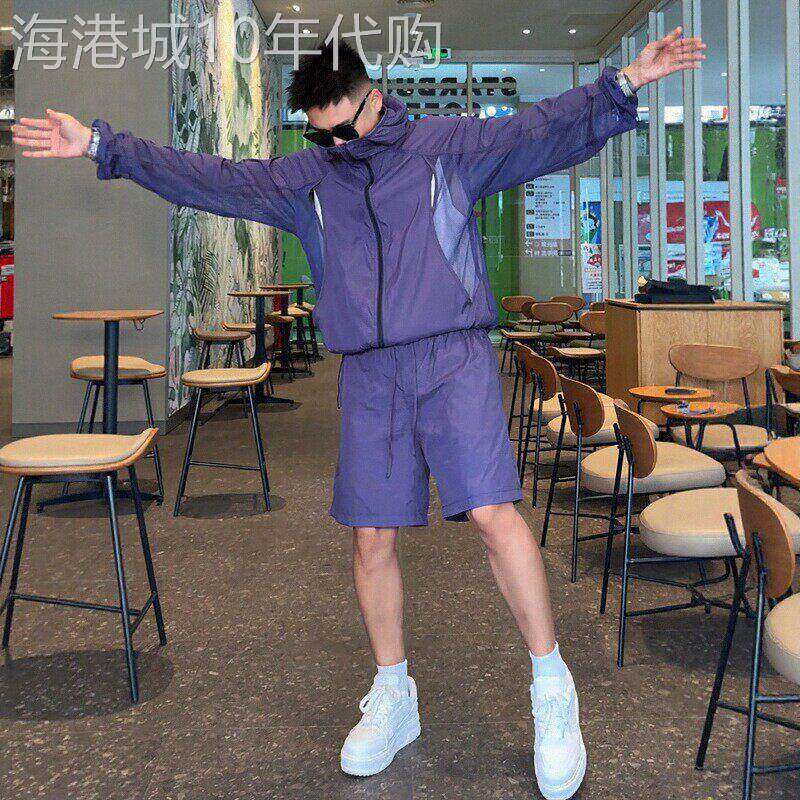 高端透视网纱拼接防晒衣休闲套装男士2026新款夏季短裤运动服男装