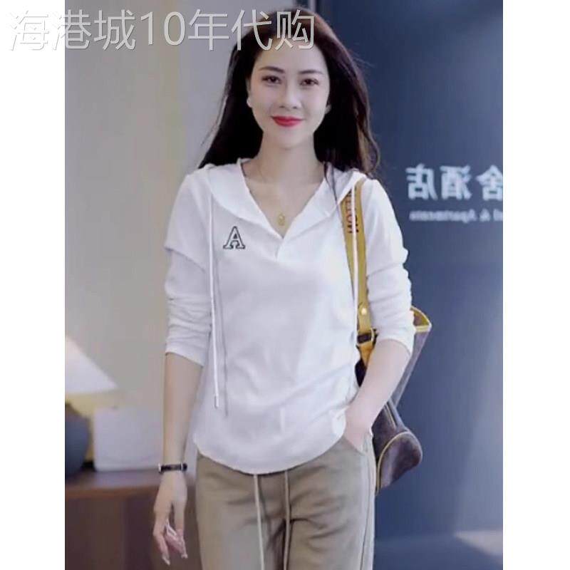 白色连帽短袖t恤女春秋款欧货弧形下摆休闲运动体恤上衣薄款帽衫
