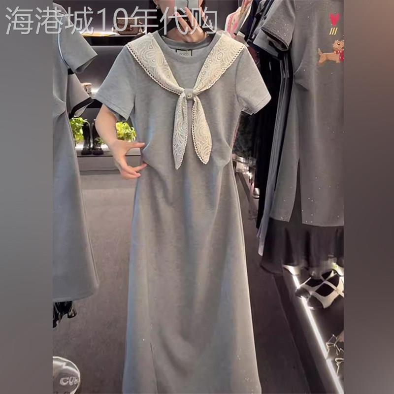 潮牌法式高级感拼接蝴蝶结披肩短袖连衣裙女夏季收腰显瘦减龄长裙