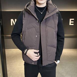 潮牌高级感羽绒马甲男秋冬季新款白鸭绒保暖背心男士连帽休闲外套