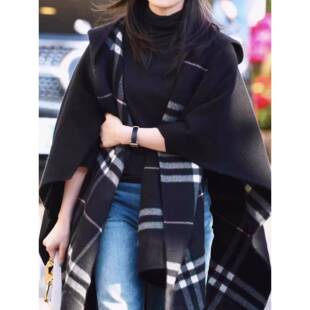 张婧仪同款小香风高级感黑色格纹连帽斗篷披肩毛呢外套女秋冬大衣