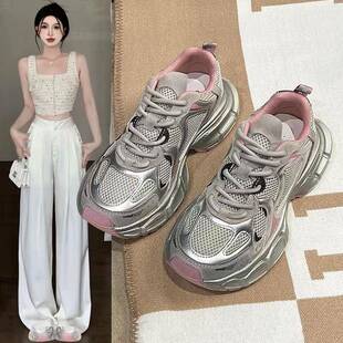 潮牌2025春夏厚底增高4厘米真皮老爹鞋女轻便复古百搭休闲运动鞋