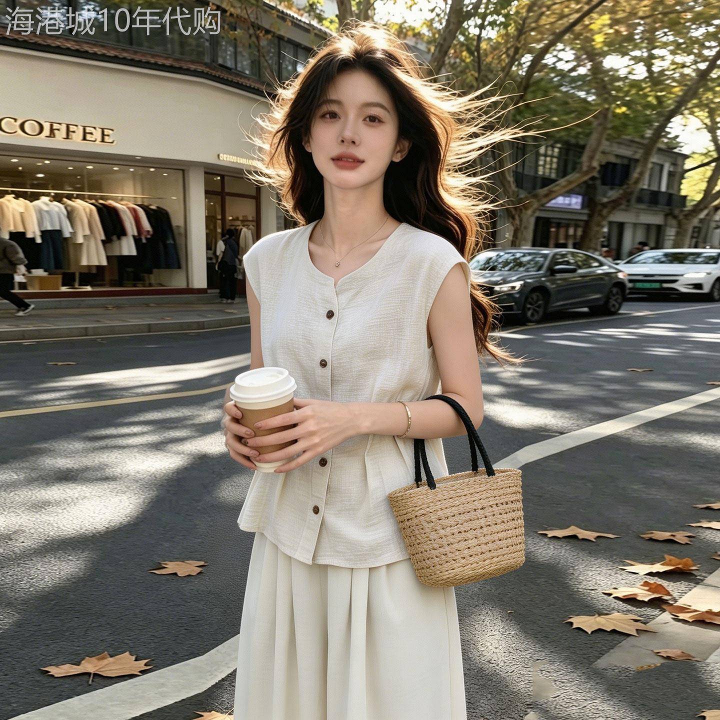 时尚套装女夏季2026新款宽松棉麻老钱风松弛感上衣阔腿长裤两件套