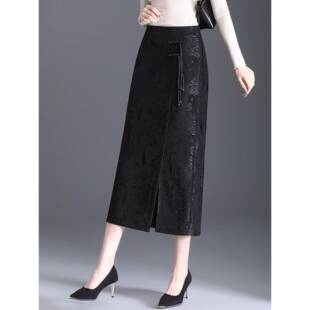 新中式黑色提花直筒裙女2025年春秋季新款高腰显瘦长款包臀半身裙