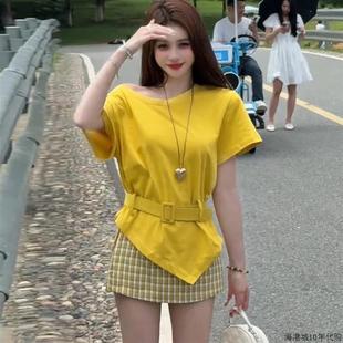 欧洲站时尚 不规则露肩T恤格子半身短裙两件套潮 套装 女2025年夏季