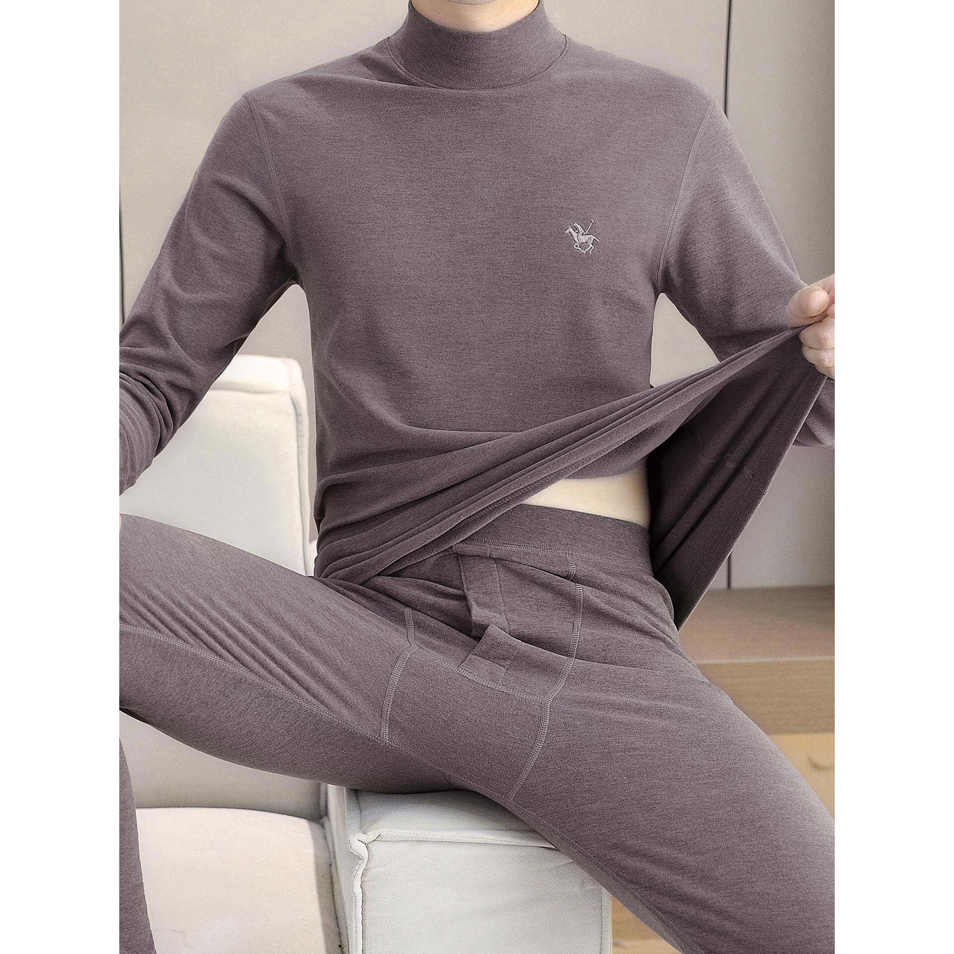 MAROLIO~高档半高领德绒保暖内衣男秋冬加厚加绒打底秋衣秋裤套装