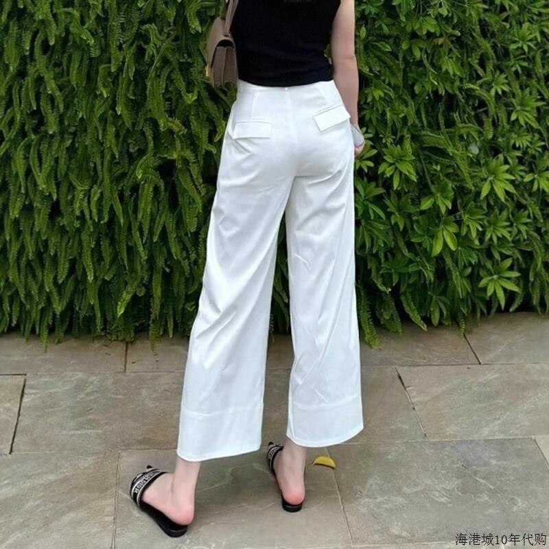 韩国白色九分直筒西装裤女夏季薄款大码胖mm显瘦高腰窄版阔腿裤