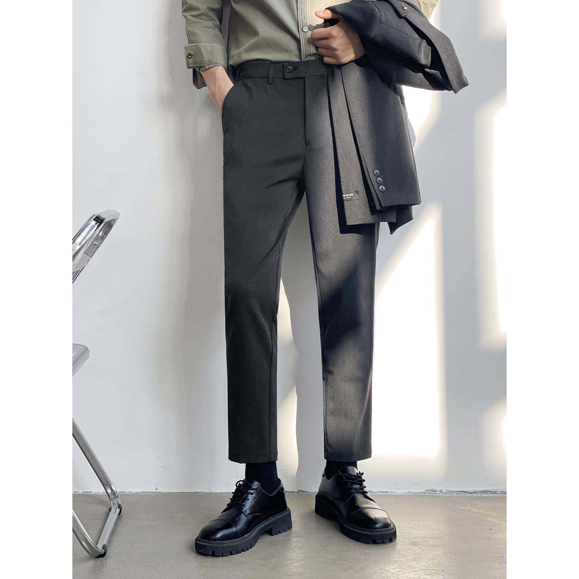 西裤男商务正装秋冬季加绒厚款垂感男士休闲九分西装裤修身裤子