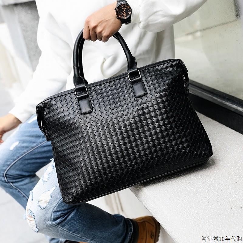 香港手工编织男士真皮手提包横款公文包休闲单肩斜挎包电脑包