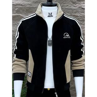 潮牌秋冬新款男士帅气修身立领夹克韩版潮流加绒加厚保暖撞色外套